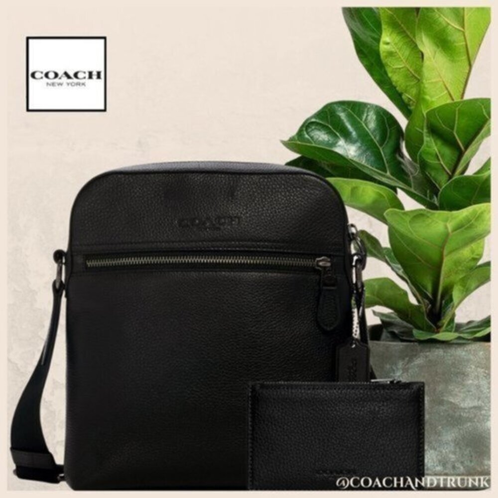 COACH 2PC Leather Houston Flight Bag Black Gunmetal‎ & Zip Card Case NWT